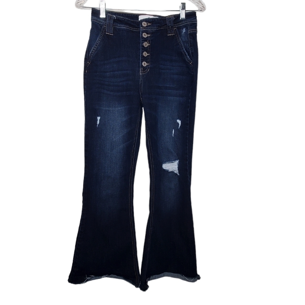 KanCan Women's Flared Jeans, Button Fly Distressed Dark Wash Size 5, 26" Waist - Picture 2 of 11